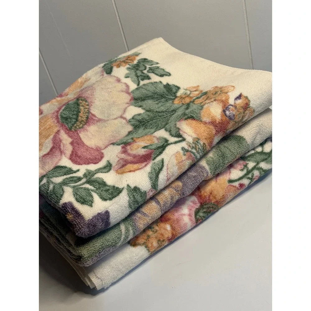 VTG Bath Towels Floral Pink Purple Orange Cream Botanical Garden‎ Set of 3 Retro